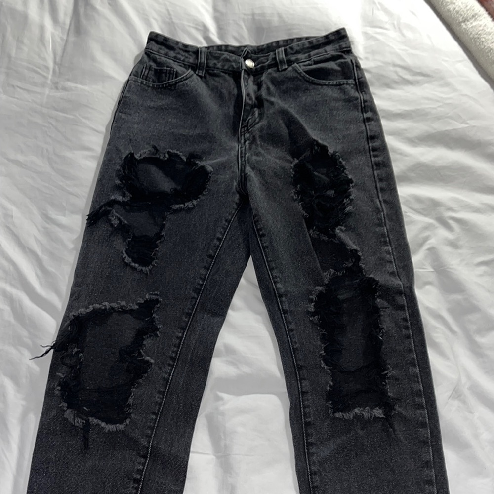 Black Distressed Straight Leg Jeans